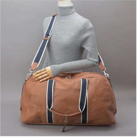Coach Boston Bag Heritage Duffle Striped Travel 2 Way Shoulder Strap Navy Brown - Picture 1 of 16